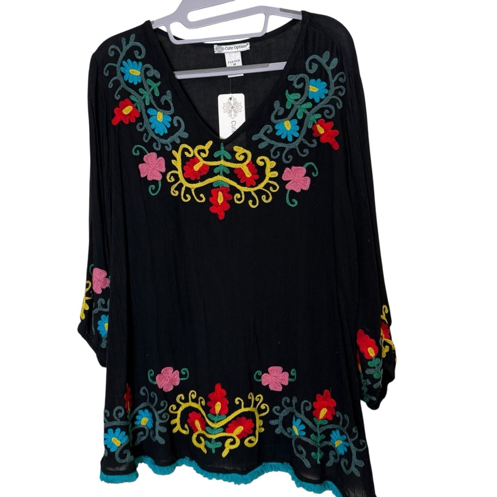 Cute Options Women’s Black Boho Embroidered Tunic with Vibrant Accents sz M